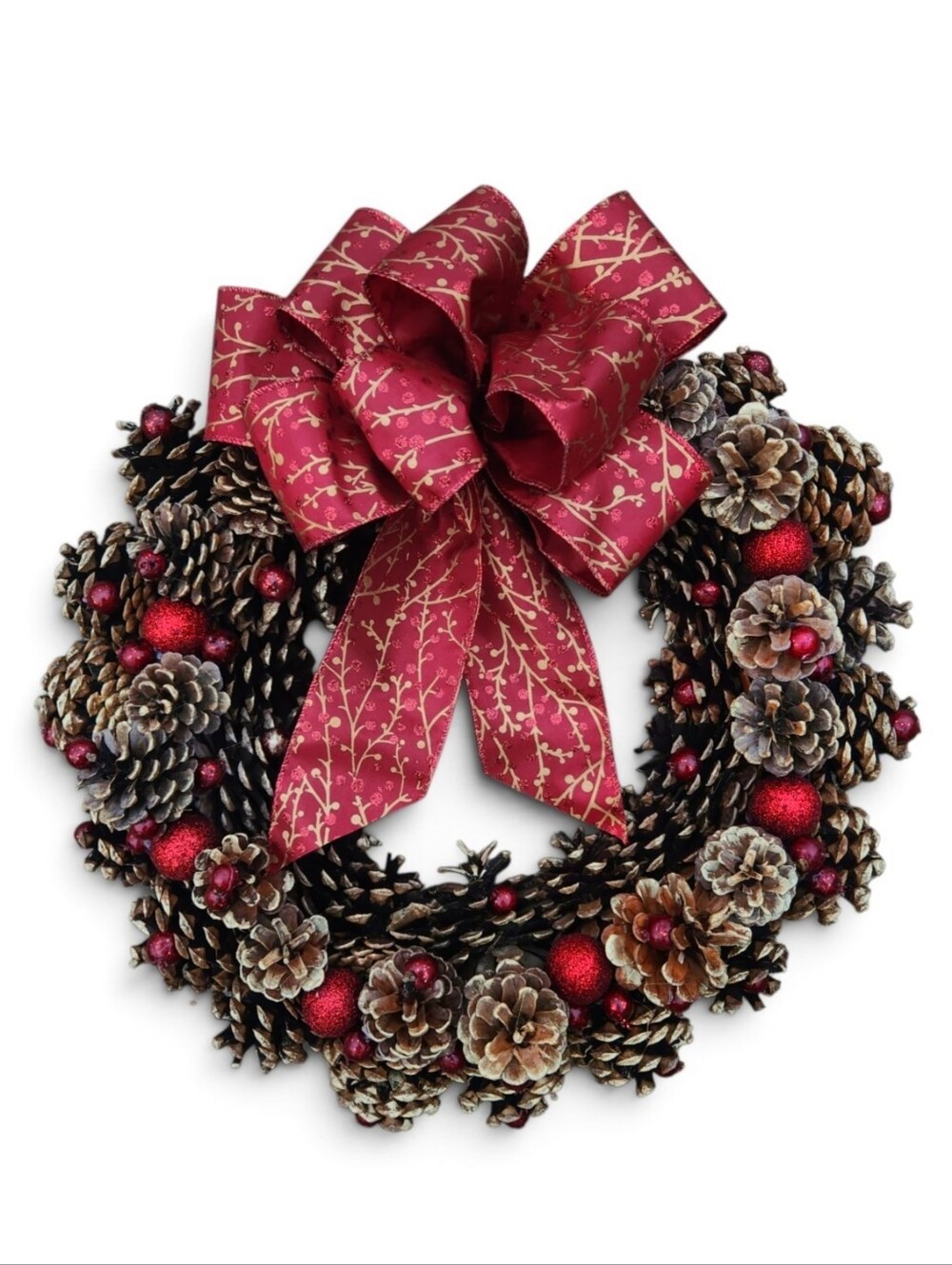 Handmade Gold-Tipped Pinecone Christmas Wreath Winter Berries Front Door Decor
